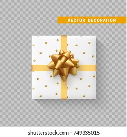 Gift box with bow and ribbon isolated on transparent background. Flat top view.