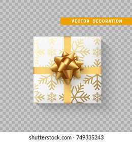 Gift box with bow and ribbon isolated on transparent background. Flat top view.