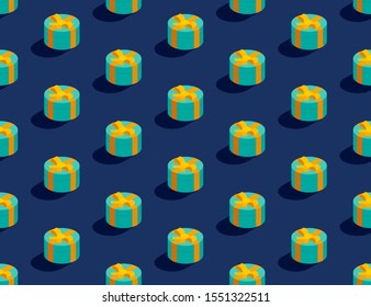 Gift box with bow ribbon mark 3D isometric seamless pattern, Christmas and Happy new year concept poster and banner design illustration on blue background, vector eps 10