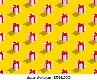 Gift box with bow ribbon mark 3D isometric seamless  pattern, Christmas and Happy new year concept poster and banner design illustration on yellow background, vector eps 10