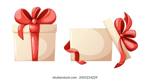Gift box with bow and ribbon, open and closed. Vector illustration in cartoon flat style on isolated background. For holiday, birthday, present
