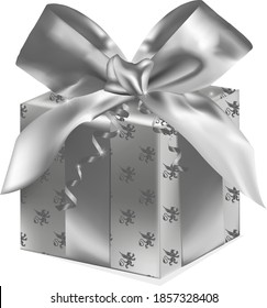 
Gift box with bow and ribbon, packed in foil pattern