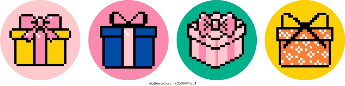 Gift box with bow and ribbon. Pixel art vector design elements. Present icon set. Surprise. Y2k trendy playful pixelated stickers. Mood of 90's aesthetics. 8-bit retro style vector illustration