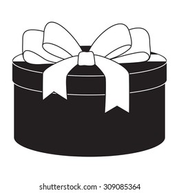 Gift box with  bow and ribbon. Round Closed cardboard box. Vector illustration