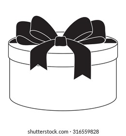Gift box with bow and ribbon. Round Closed cardboard box. Vector isolated on white background.