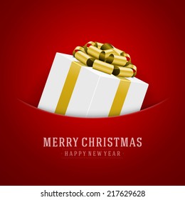 Gift box with bow and ribbon vector background. Merry Christmas message.