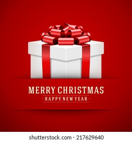 Gift box with bow and ribbon vector background. Merry Christmas message.