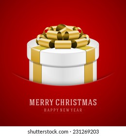 Gift box with bow and ribbon vector background. Merry Christmas message. 