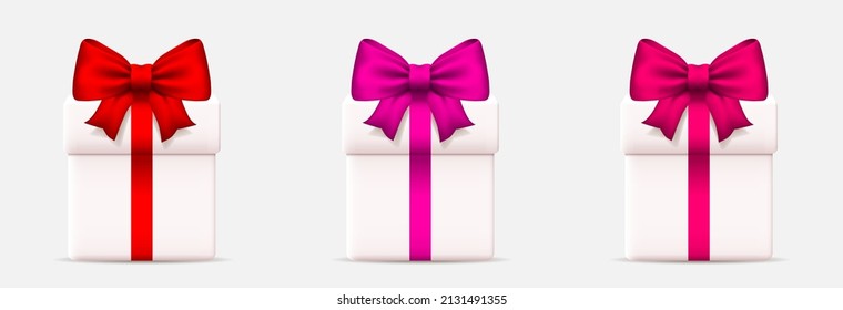 Gift box with a bow. Set of gift boxes with red, pink and purple bows. White vector boxes isolated on white background. Vector clipart.