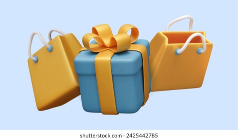 Gift box with bow, shopping bags. Surprise, prize, bonus, present