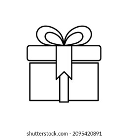 Gift box with bow. Simple outline black and white vector icon in modern minimal style with thin lines. Editable line thickness