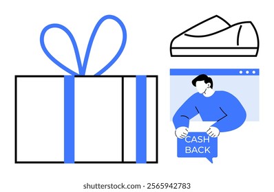 Gift box with bow, sneaker outline, person holding cashback sign in browser. Ideal for online shopping, e-commerce, rewards programs, discounts, and customer engagement. Minimalist vector style