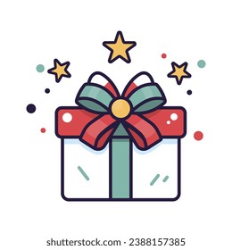 Gift box with bow and stars. Vector flat line icon.