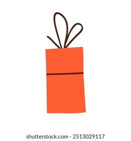 Gift box with bow string. Birthday present in festive paper wrapping. Holiday surprise in simple doodle style. Vertical giftbox icon. Flat graphic vector illustration isolated on white background