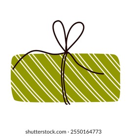 Gift box with bow string. Birthday present in festive paper wrapping. Holiday surprise in simple doodle style. Giftbox icon. Flat graphic vector illustration isolated on white background