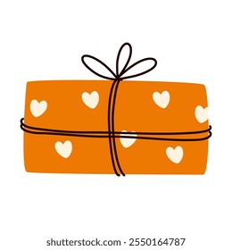 Gift box with bow string. Birthday present in festive paper wrapping. Holiday surprise in simple doodle style. Giftbox icon. Flat graphic vector illustration isolated on white background