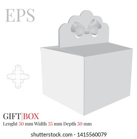 Gift Box with Bow Template, Vector with die cut / laser cut layers. Delivery Cake Box, Self locking Box. White, blank, clear, isolated Present Box mock up on white background, Packaging Design