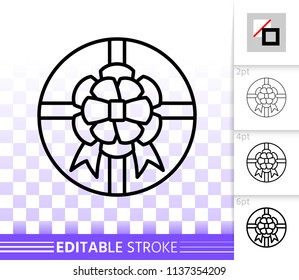 Gift box with bow thin line icon. Outline sign of bounty box. Present linear pictogram with different stroke width. Simple vector symbol, transparent background. Gift editable stroke icon without fill