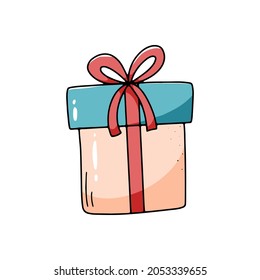 Gift box with a bow tied with a ribbon isolated on a white background. Vector illustration, doodle icon