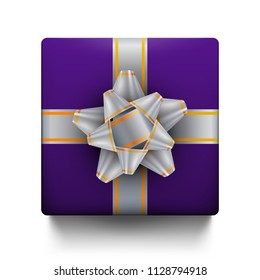 Gift box with bow, top view, isolated on white
