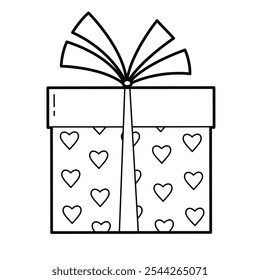 Gift box with bow. Valentines day design element.  Outline illustration, isolated on white background, design elements