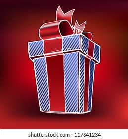 Gift box with bow, vector illustration, on red background