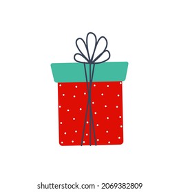 Caja de regalo con ilustración vectorial de arco en estilo de dibujos animados planos.