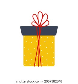 Caja de regalo con ilustración vectorial de arco en estilo de dibujos animados planos.