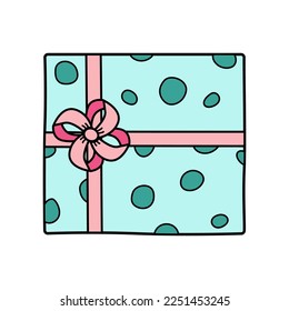 Caja de regalo con arco. Ilustración vectorial del icono coloreado de un regalo festivo en un paquete. Aislada en blanco, caja en papel de envoltura.