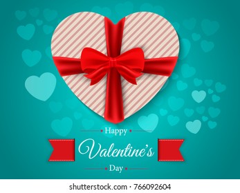 Gift box, bows and ribbons. Calligraphic inscription Happy Valentine's Day. On a beautiful background