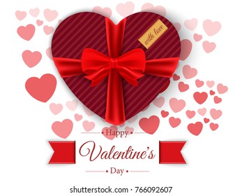 Gift box, bows and ribbons. Calligraphic inscription Happy Valentine's Day. On a beautiful background