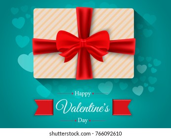 Gift box, bows and ribbons. Calligraphic inscription Happy Valentine's Day. On a beautiful background