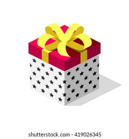 Gift box with bows and ribbons. Vector isometric. Used pattern based on simple symbols from stars. Present for happy event.