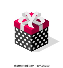 Gift box with bows and ribbons. Vector isometric. Used pattern based on simple symbols from circles. Present for happy event.