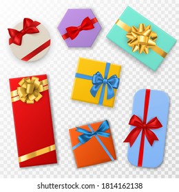 Gift box with bows. Top view colored  gift boxes with red, blue and gold ribbons and bows. Birthday, christmas or valentine day presents. Decoration stylish wrap vector set isolated on transparent background