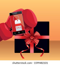 Gift box and Boxing glove holding a smartphone with sale tag over orange background, colorful design, vector illustration