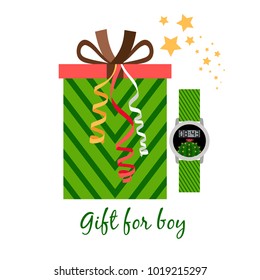 Gift box for boy with green hands watch vector illustration