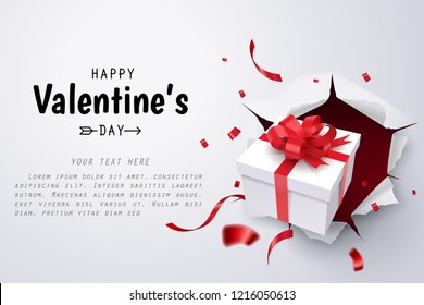 Gift box break thru paper wall, Valentine's day celebrate, vector art and illustration