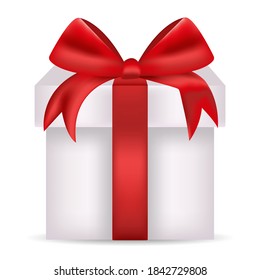 Gift box with bright red bow isolated on white background. Holiday gift. Element for your design. Vector illustration