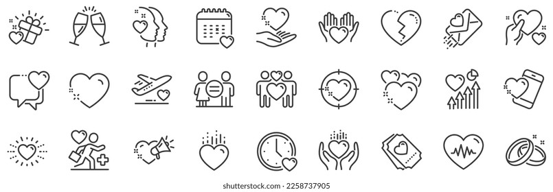 Gift box, Broken heart and Romantic letter. Love line icons. Wedding rings, glasses with champagne, love heart icons. Happy couple, heart holding, romantic loudspeaker. Quality design element. Vector