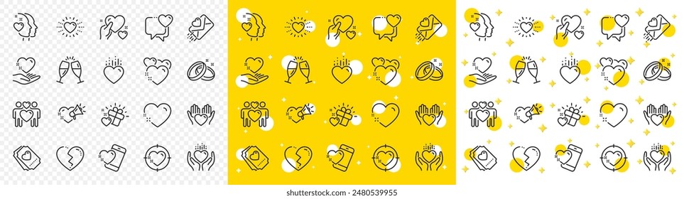 Caja de regalo, corazón roto y carta romántica. Iconos de línea de amor. Anillos de boda, copas con champán, iconos del corazón del amor. Pareja feliz, corazón sosteniendo, altavoz romántico. Vector