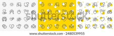 Gift box, Broken heart and Romantic letter. Love line icons. Wedding rings, glasses with champagne, love heart icons. Happy couple, heart holding, romantic loudspeaker. Vector