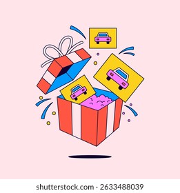 gift box bursting open, revealing multiple cards featuring cars in cartoon vector style for surprise, gifts, rewards, or promotions cars