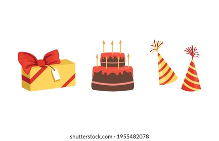 Gift Box, Cake with Burning Candles and Cap as Birthday Party Attribute Vector Set