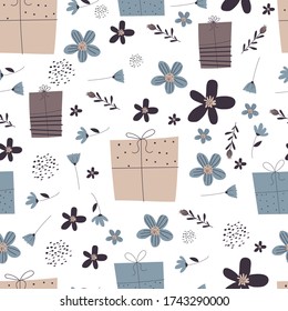 Gift Box and Cake with Candles as Seamless Vector Pattern Design. Greeting Theme for Wrapping Papers Concept