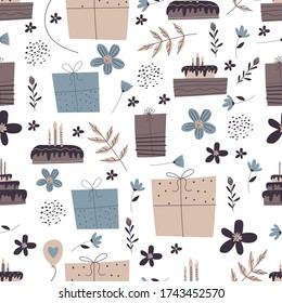 Gift Box and Cake with Candles as Seamless Vector Pattern Design. Greeting Theme for Wrapping Papers Concept