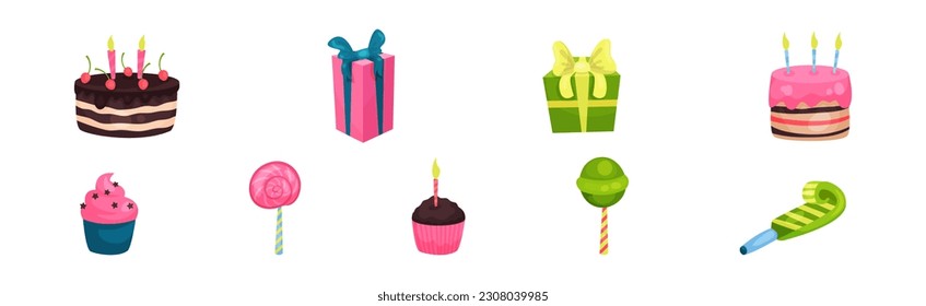 Gift Box, Cake and Whistle as Birthday Celebration Symbol Vector Set