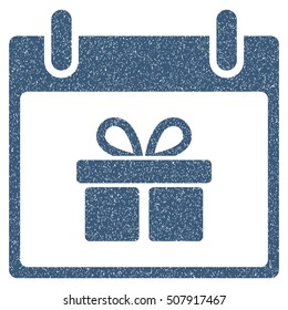 Gift Box Calendar Day grainy textured icon for overlay watermark stamps. Flat symbol with unclean texture. Dotted vector blue ink rubber seal stamp with grunge design on a white background.