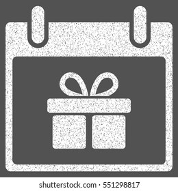 Gift Box Calendar Day grainy textured icon for overlay watermark stamps. Flat symbol with scratched texture. Dotted vector white ink rubber seal stamp with grunge design on a gray background.