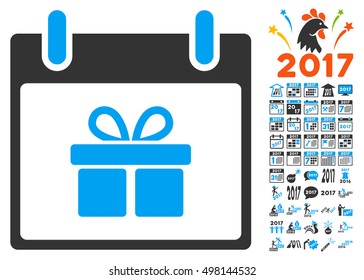 Gift Box Calendar Day icon with bonus calendar and time management images. Vector illustration style is flat iconic symbols, blue and gray colors, white background.